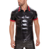 S-5XL Men's Patent PU Faux Leather Turn Down Collar T-Shirt
