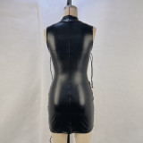 Fashion PU-Leather Mock Neck Sleeveless Lace-up Bodycon Dress