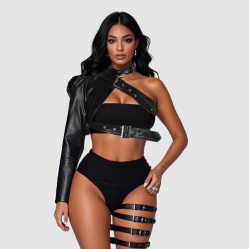 Black One Shouler Single Sleeve Buckle PU Leather Irregular Jacket