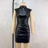 Ruched PU Leather Black Sleeveless Mock Neck Dress with Oversleeves