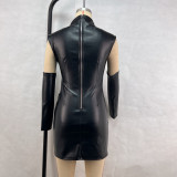 Ruched PU Leather Black Sleeveless Mock Neck Dress with Oversleeves