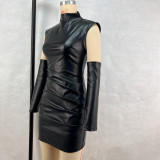 Ruched PU Leather Black Sleeveless Mock Neck Dress with Oversleeves