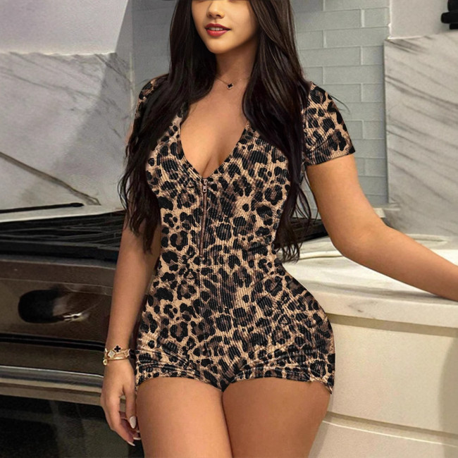 Leopard Zipper V-Neck Sexy Short Sleeve Tight Rompers