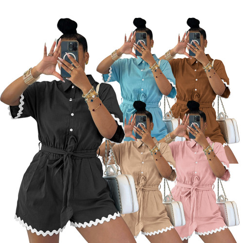 Turn Down Collar Tie Waist Rompers with Contrast Hem