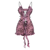 Print Low-Cut Lace-Up Tight-Fitting Jumpsuit For Women
