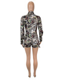 Sexy Zipper Camouflage Print Long Sleeve Rompers