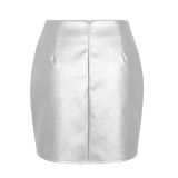 Solid PU Leather Slit Mini Skirt