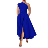 Fashion Sleeveless Slash Shoulder Solid Slim Waist Slit Tie Waist A-Line Long Dress