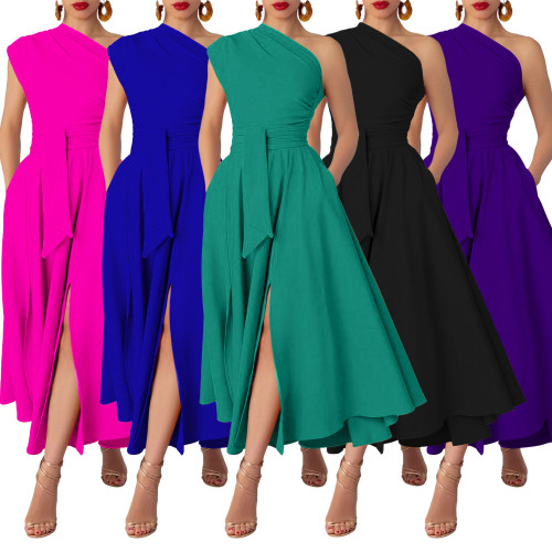 Fashion Sleeveless Slash Shoulder Solid Slim Waist Slit Tie Waist A-Line Long Dress