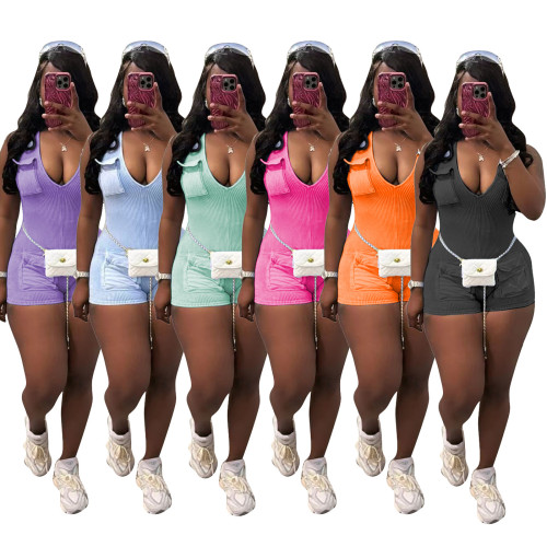 Casual Washed V-Neck Tight Sexy Rompers with Pockets