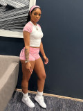 Contrast Raglan Short Sleeve Tee Top and Shorts Casual Two Piece Set with Headband