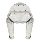Rivet Beaded Washed Fashionable Long Sleeve Short Denim Jacket