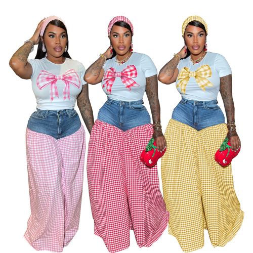 Printed Slim Cropped T-shirt Patchwork Denim Plaid High Waist Loose Pants Two-piece Set