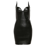 Black PU Leather Strapless Bodycon Dress