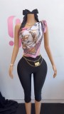 Fashion Printed Strapless Irregular Top and Shorts Two Piece Set