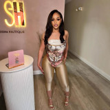 Fashion Printed Strapless Irregular Top and Shorts Two Piece Set