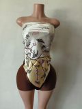 Printed Fashionable Sexy Two Piece Set Strapless Top and Shorts