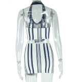 Striped Digital Print Halter Crop Top and Skirt Two Piece Set