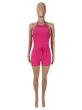 Sexy Solid Halter Crop Top and Shorts Drawstring Two Piece Set