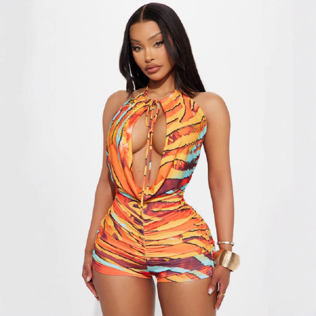 Halter Backless Print Hollow One Piece Rompers