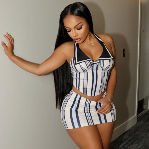 Striped Digital Print Halter Crop Top and Skirt Two Piece Set