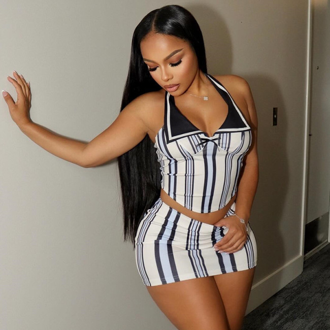 Striped Digital Print Halter Crop Top and Skirt Two Piece Set