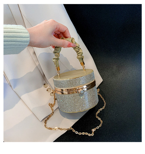 Fashion Rhinestone Bucket Bag Pleated Chain Handbag Shoulder Bag