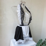 Sexy Halter Black Contrast White Lace Lingerie Dress Set
