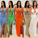 Sexy Braided Halter Solid Backless Maxi Dress