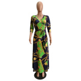 Print 3/4 Sleeve V-Neck Maxi Dress with Belt
