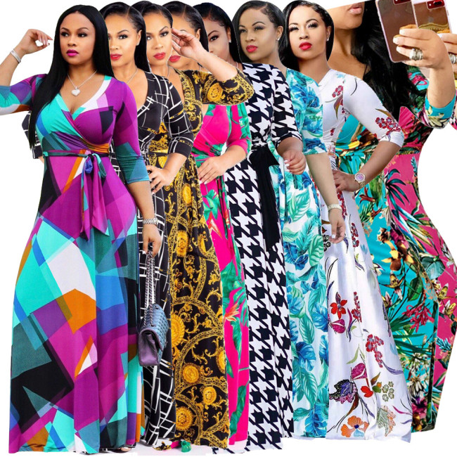 Print 3/4 Sleeve V-Neck Maxi Dress with Belt