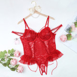 Plus Size Lingerie Lace-up See-Through Mesh Ruffles Lace Bodysuit Teddy Lingerie