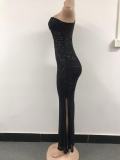 Women See-through Mesh Sequined Sexy Slash Shoulder Slit Evening Dress