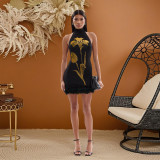Women Beaded Halter Low Back Sexy Sleeveless Bodycon Mini Dress
