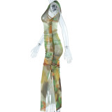 Printed Mesh See-Through Sexy Sleeveless Drawstring Bodycon Slit Long Dress