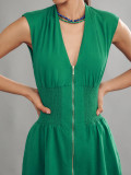 Women Career V-neck Zip Up Shirred dress