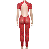 Women Sexy Backless Print See-Through Mesh Bodysuit Jumpsuit