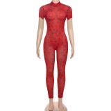 Women Sexy Backless Print See-Through Mesh Bodysuit Jumpsuit