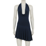 Chic Navyblue Pleated Off-Shoulder Sexy Low-Back Lace-Up Mini Dress