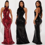 Women Halter Neck Backless Sequined Sexy Evening Dress