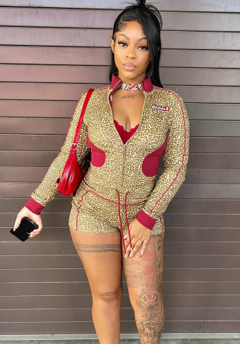 Autumn Leopard Print Two Piece Set Stretchy Long Sleeve Zipper Top & Shorts
