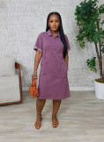 Women Short-sleeved Turn Down Collar Loose Denim Dress