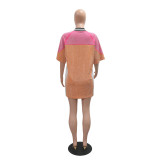 Beaded Contrast Color Half Sleeve V-neck Patchwork Loose T-shirt Dress