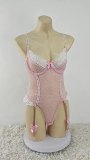 Pink Lace Ruffle Bodysuit Sexy See Through Garter Teddy Lingerie
