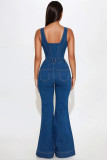 Casual Sexy Sleeveless Button Denim Bell Bottom Jumpsuit