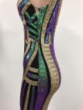 Women Contrast Sequin Backless V-neck Sexy Evening Dress