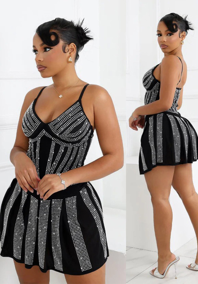 Black Beaded Sexy Sleeveless Cami Short Dress