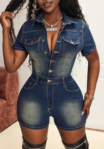 High Stretch Short Sleeve Slim Fit One-Piece Washed Denim Rompers