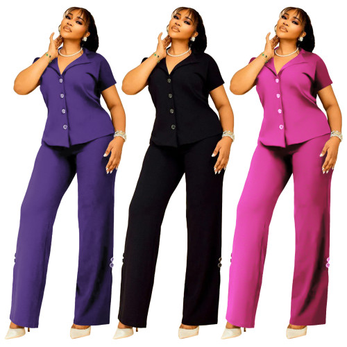 Plus Size Casual V-Neck Short Sleeve Loose Two-Piece Pants Suit