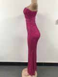Women See-through Mesh Sequined Sexy Slash Shoulder Slit Evening Dress